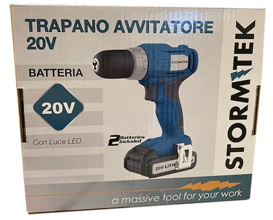 Trapano avvitatore Stormtek 20 v 2 batterie litio 2 ah coppia massima 20 nm