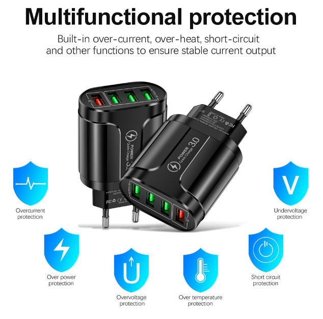 Caricabatterie rapido per smartphone e tablet con 4 uscite USB. Versioni EU, UK e US